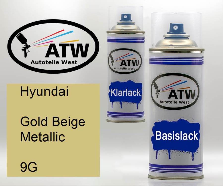Hyundai, Gold Beige Metallic, 9G: 400ml Sprühdose + 400ml Klarlack - Set, von ATW Autoteile West.